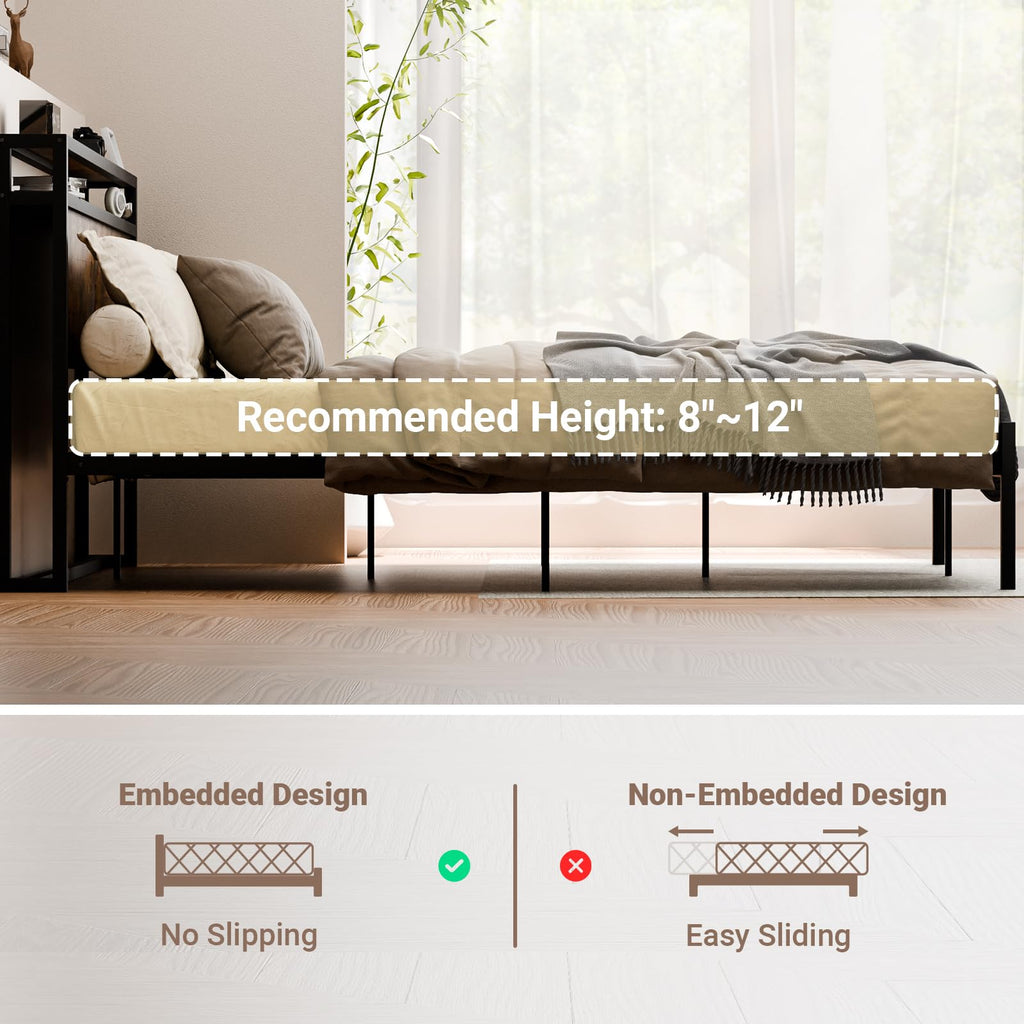 Bed Frame with Headboard, with Charging Station, Metal Platform Bedframe No Box Spring Needed