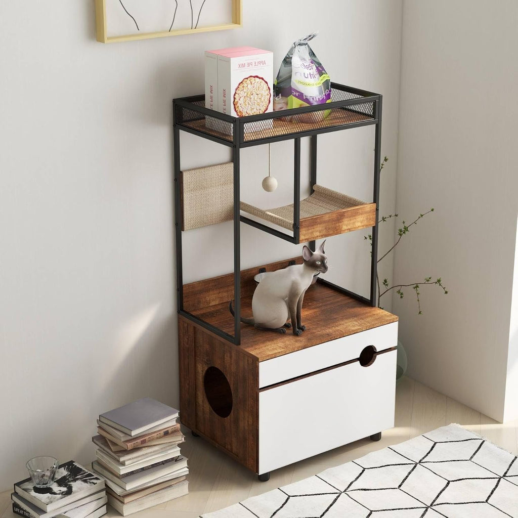 48" Tall Hidden Cat Litter Box Enclosure with Cat Tree Tower, Scratching Pads, and Ample Storage Space, Industrial