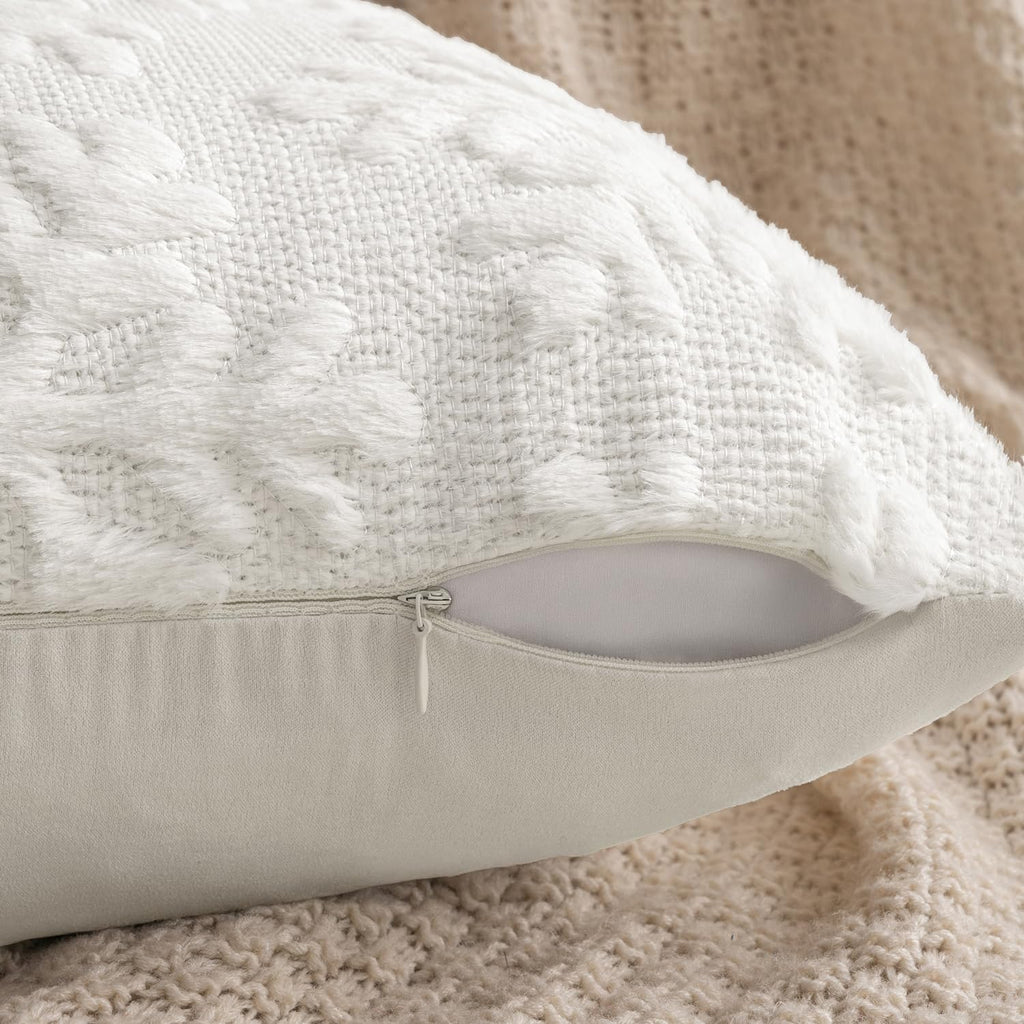 Christmas Pure White Throw Pillow Covers Snowflakes Decorative 18×18 Inch Faux Wool Winter Festival Couch Pillow - Set of 2