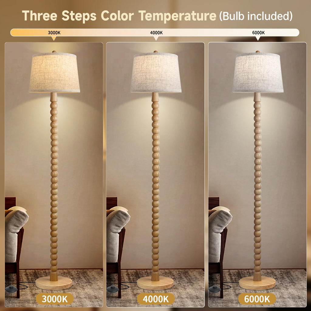 Real Wood Floor Lamp, Wooden Standing Lamp with 3 Color Changing Bulb Included, Tall Lamp with Linen Shade, Farmhouse