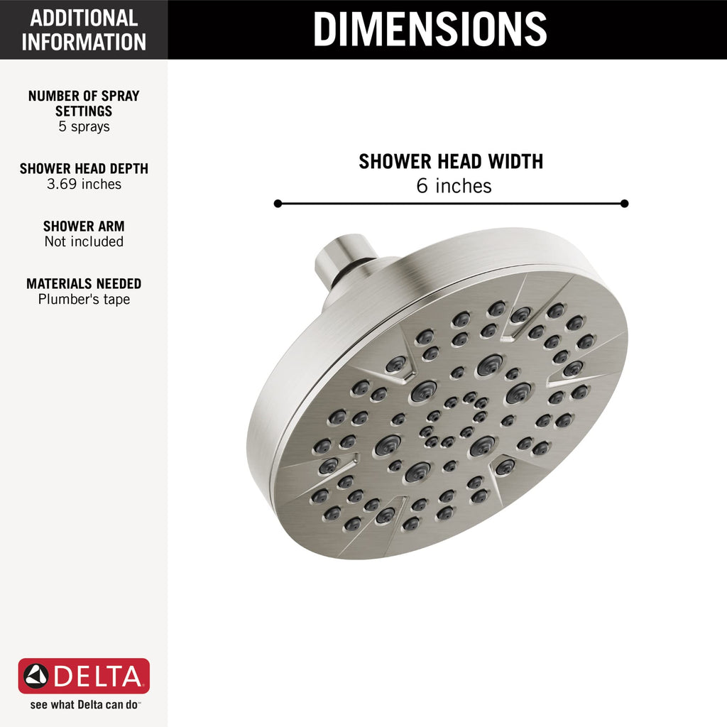 6-Setting Chrome Shower Head with High Pressure Spray, 6 Inch Round Shower Head, Showerheads, 1.75 GPM Flow Rate