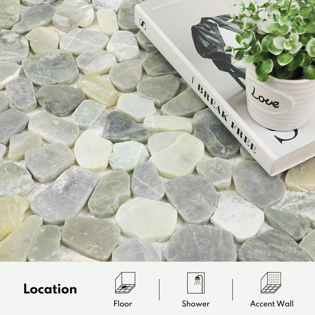 Pebble Tiles for Shower and Bathroom Floors, Jade Green Pebble Stone Mosaic Tile with Matte and Flat Surface, 5