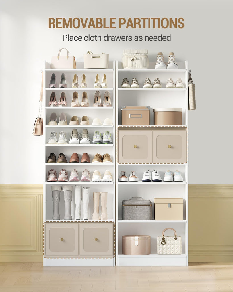 Shoe Storage Cabinet, 10 Tiers Shoe Cabinet with 2 Cloth Drawers, Wooden Freestanding Shoes Organizer with 2 Hooks