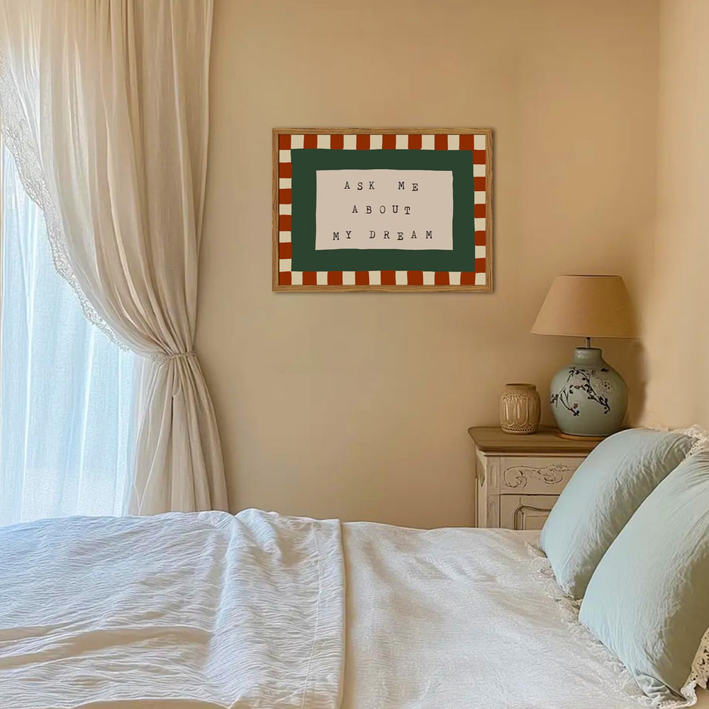 Framed Ask Me About My Dream Wall Art, Retro Red Green Checkered Pictures Wall Decor, Mid Century Modern Minimalist
