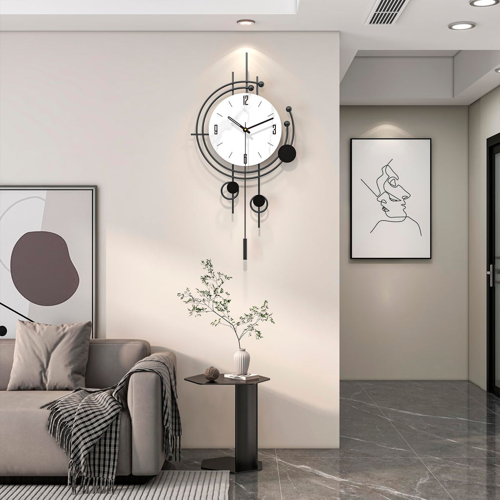 Modern Wall Clock Decor Large Decorative Metal Wall Clock with Pendulum 14 Inch Big Black Silent Unique Clock Battery