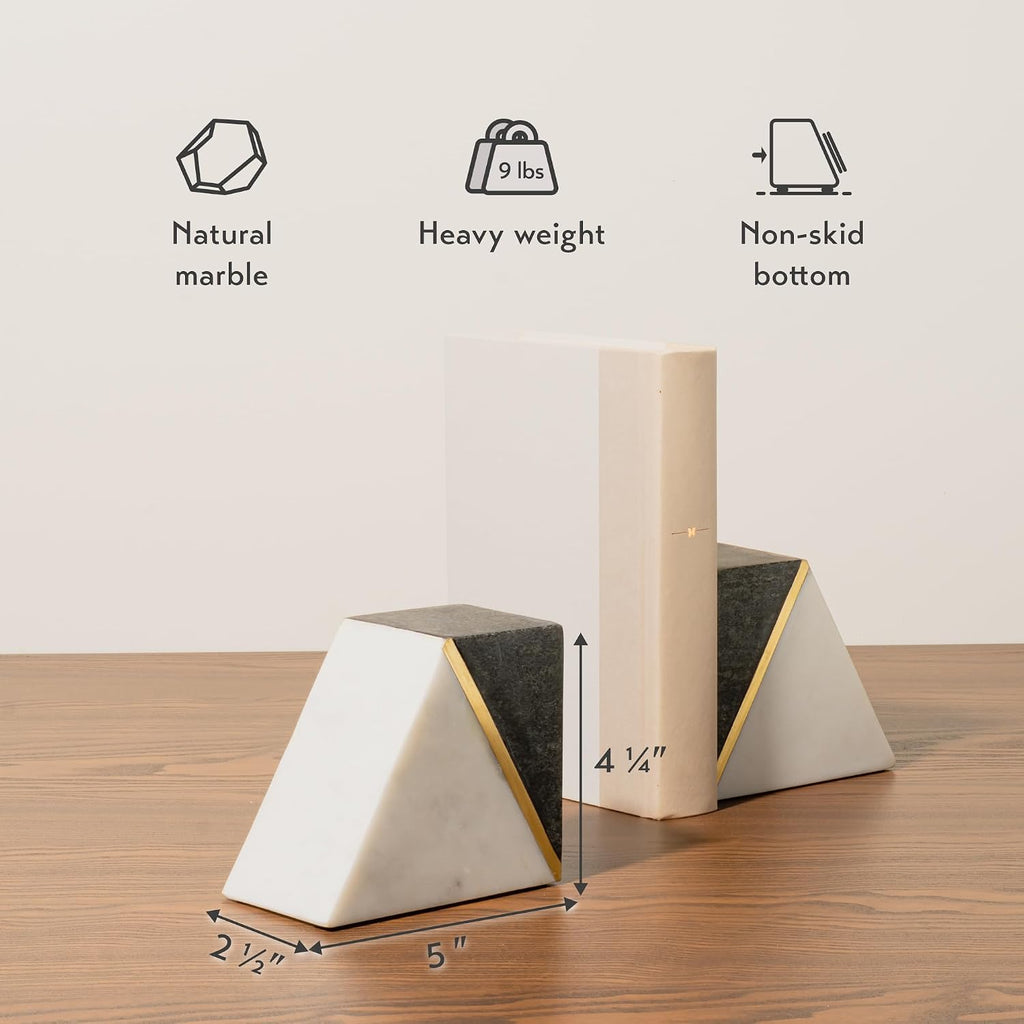 Marble Bookends with Gold Brass, Grey and White, Set of 2 | Heavy Book Ends for Shelves, Solid Stone Bookshelf Decor
