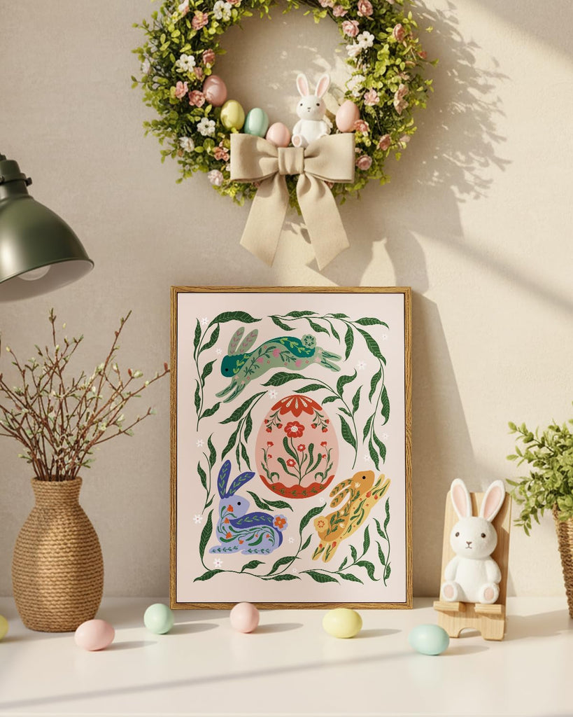 Easter bunny wall art framed canvas spring rabbit print floral egg artwork nursery decor kids room woodland animal