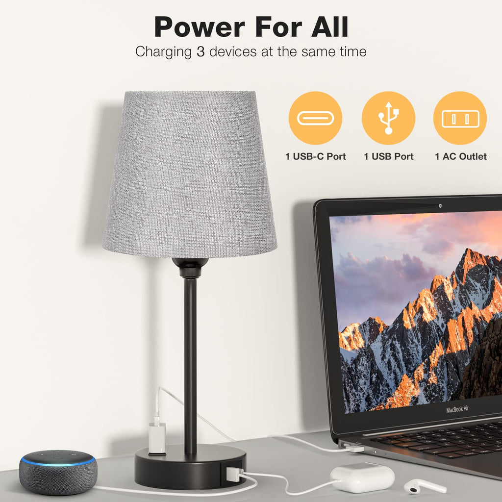 Grey Bedside Lamps Set 2 - Dimmable Touch, USB C+A, AC Outlet