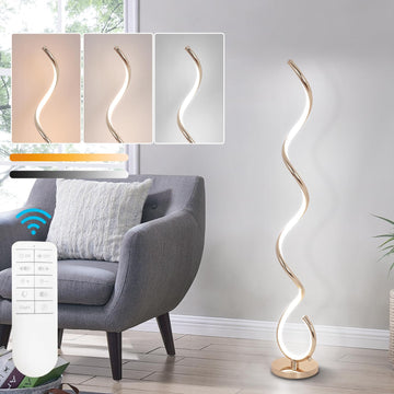 Modern Spiral Floor Lamp - 3 Color Temperature LED with Remote & Foot Switch, Dimmable 48W (Gold)