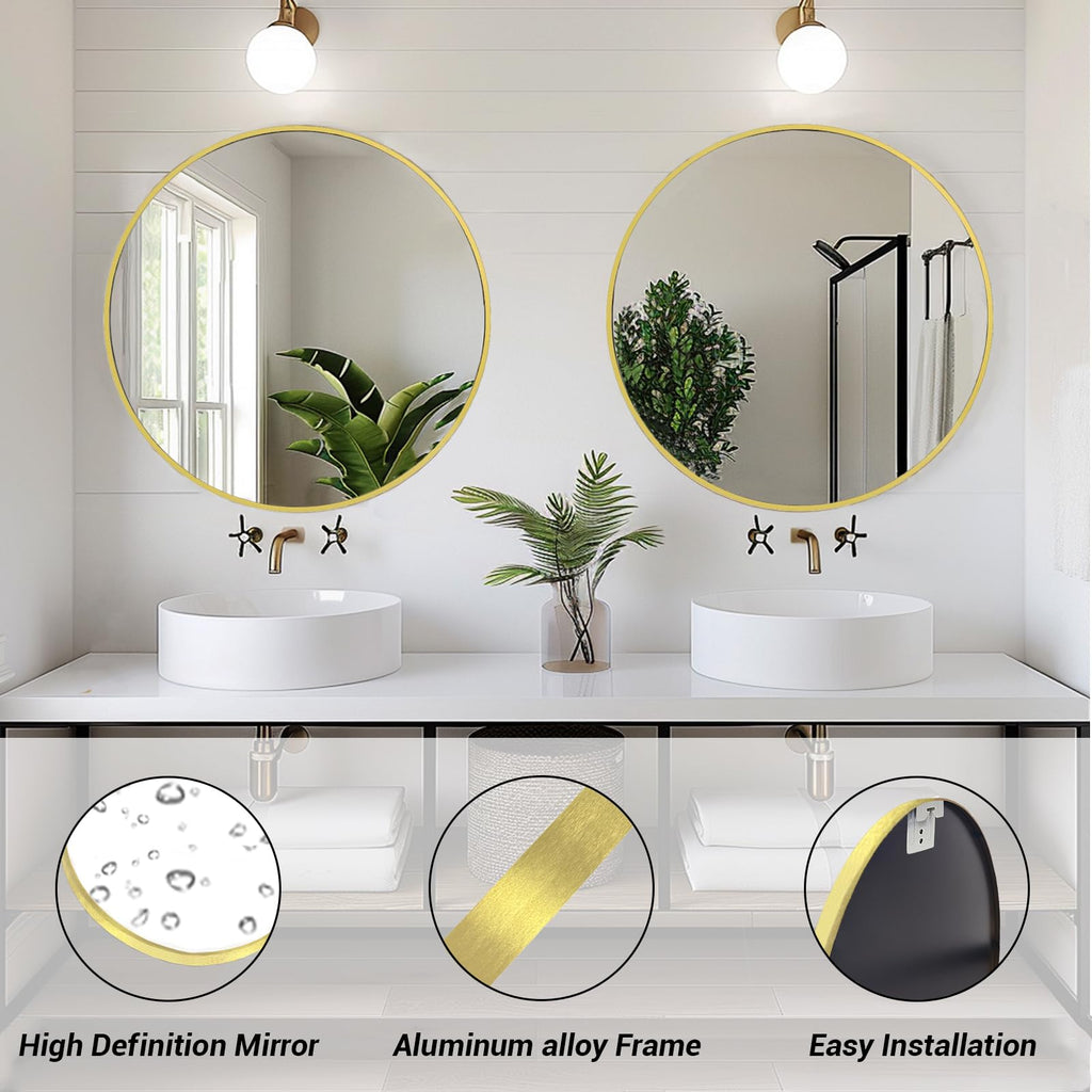 Gold Round Mirror, 24 inch Circle Mirror, Brushed Gold Metal Frame
