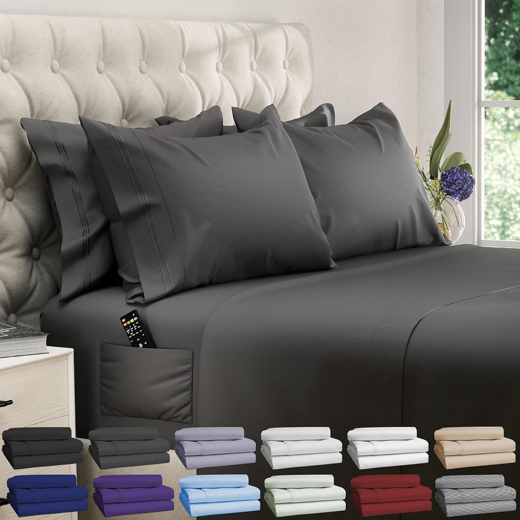 King Sheets Set - 6 pcs Breathable Cooling Bed Sheets - up to 21" Extra Deep Pocket King Sheet Set with Side Pockets