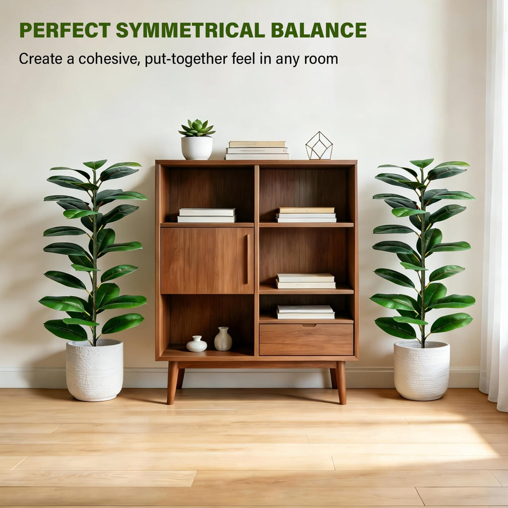 2 Pack Rubber Tree Floor Plant Fake Tree Indoor Fake Plants Artificial Plants Medium Faux Plants Bathroom Bedroom