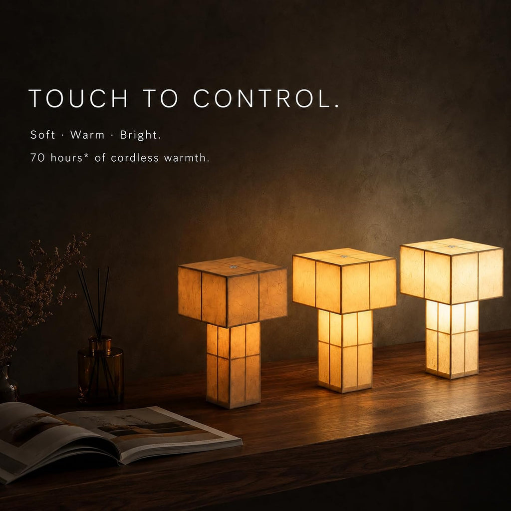 Cordless Small Table Lamp, USB-C Rechargeable Touch Dimmable Bedside Lamp with Handcrafted Fiber Shade