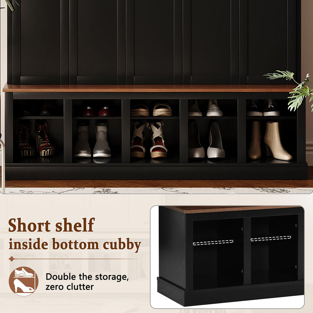 Hall Tree with Storage Cabinet, Shoe Rack and Display Cubbies