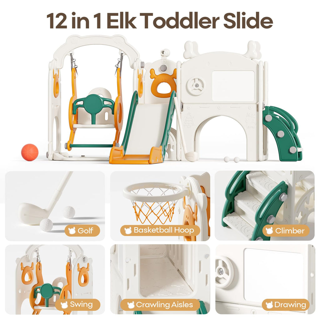 12 in 1 Toddler Slide and Swing Set, Kids Slide for Toddlers 1-3 Years Old, Baby Playset Indoor Outdoor with