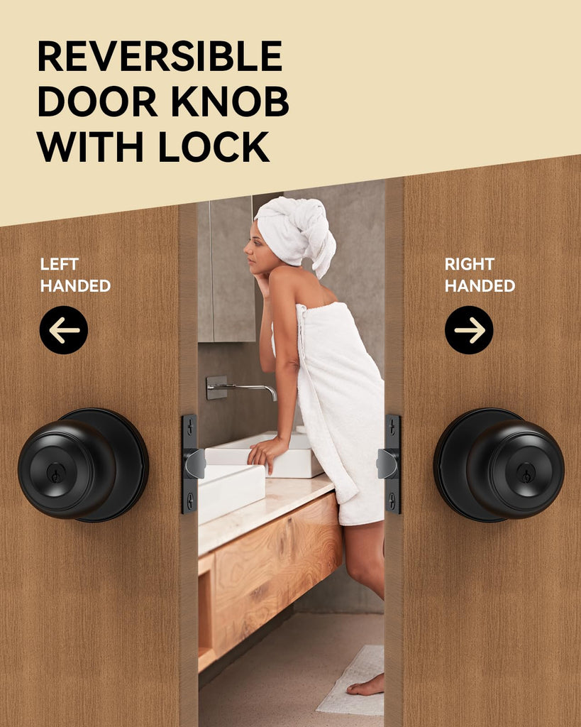 6 Pack Door Knob with Lock, Keyed Same Entry Door Knobs, Interior and Exterior Round Ball Door Lock for Front Bedroom