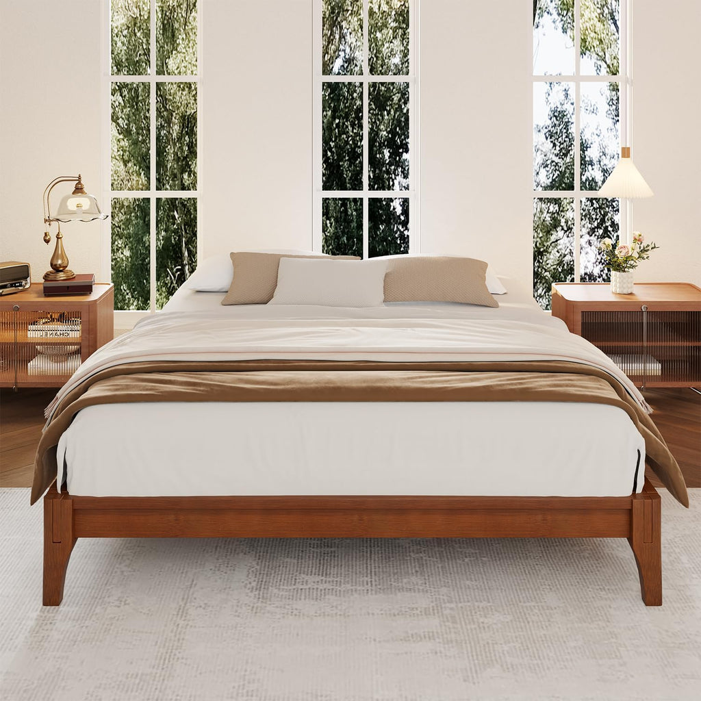 Full Size Japanese Mid-Century Brown Bamboo Wooden Bed Frame