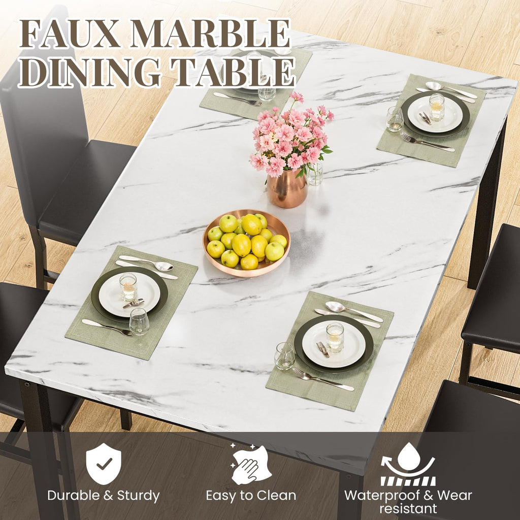 Dining Table Set for 4, Faux Marble Table and 4 PU Leather Chairs, Kitchen Table and Chairs for 4, Modern Dining Room