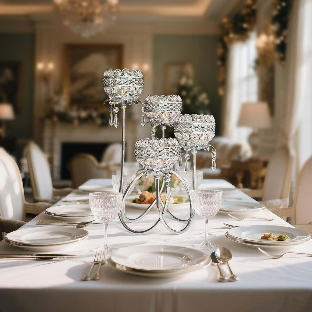 4 Arms Crystal Candelabra Tealight Holder - Tall 15.7 Inch Elegant Centerpiece with Crystal Pendant Bowls & Artistic