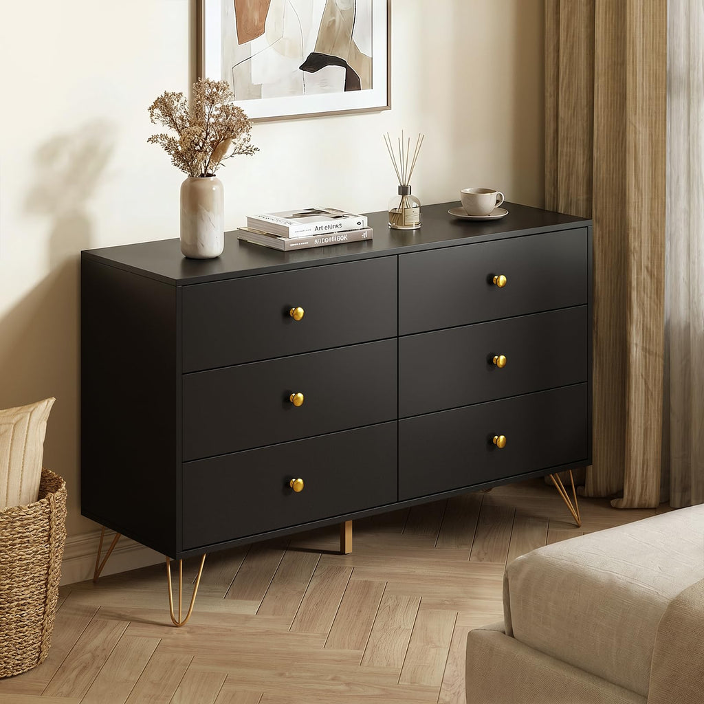 Black Dresser, 6 Drawer Dresser with Golden Handles, Large Storage Cabinet, Modern Chest of Drawers Organizer