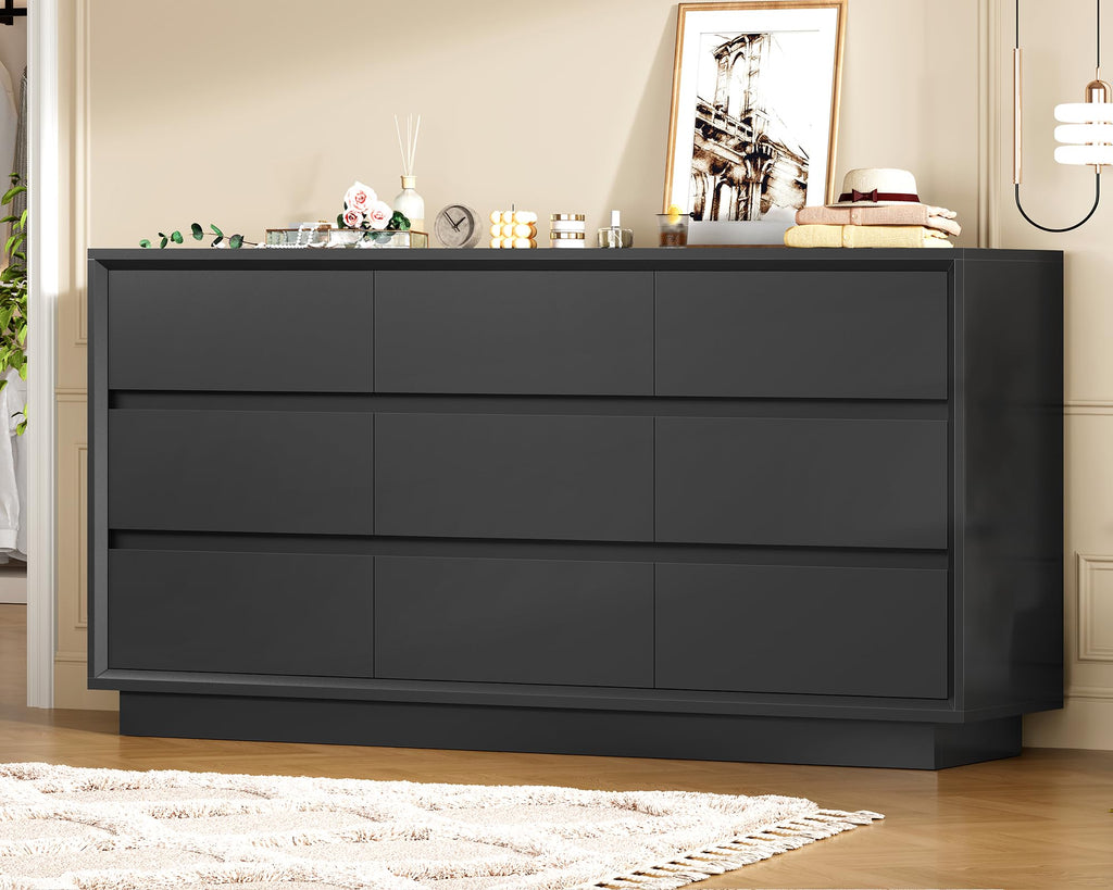 63" Dresser with 9 Drawers, Black Dresser with Metal Slide, Bedroom Dressers, Wood Dressers & Chests of Drawers