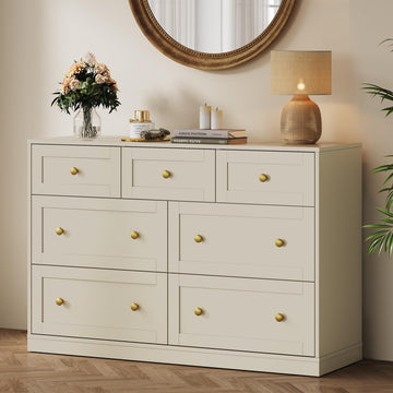 7 Drawer Dresser, Beige Dresser, Wood Chest of Drawers, Modern Dresser TV Stand, Closet, Entryway