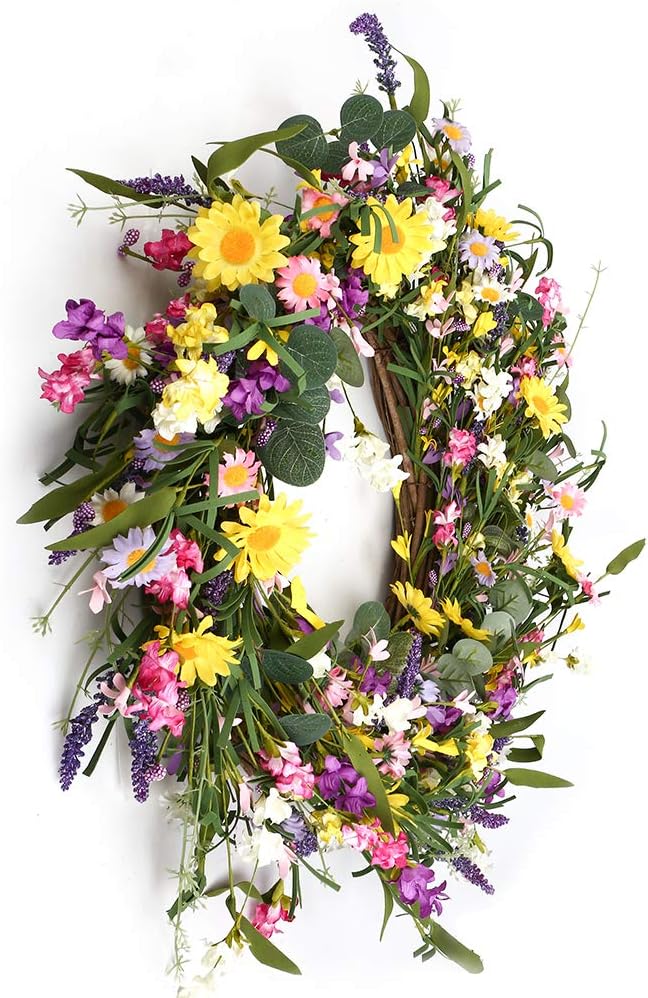 Spring Wreath 24 Inch Summer Wreaths for Front Door Artificial Flower Wreath with Daisy and Lavender Outdoor