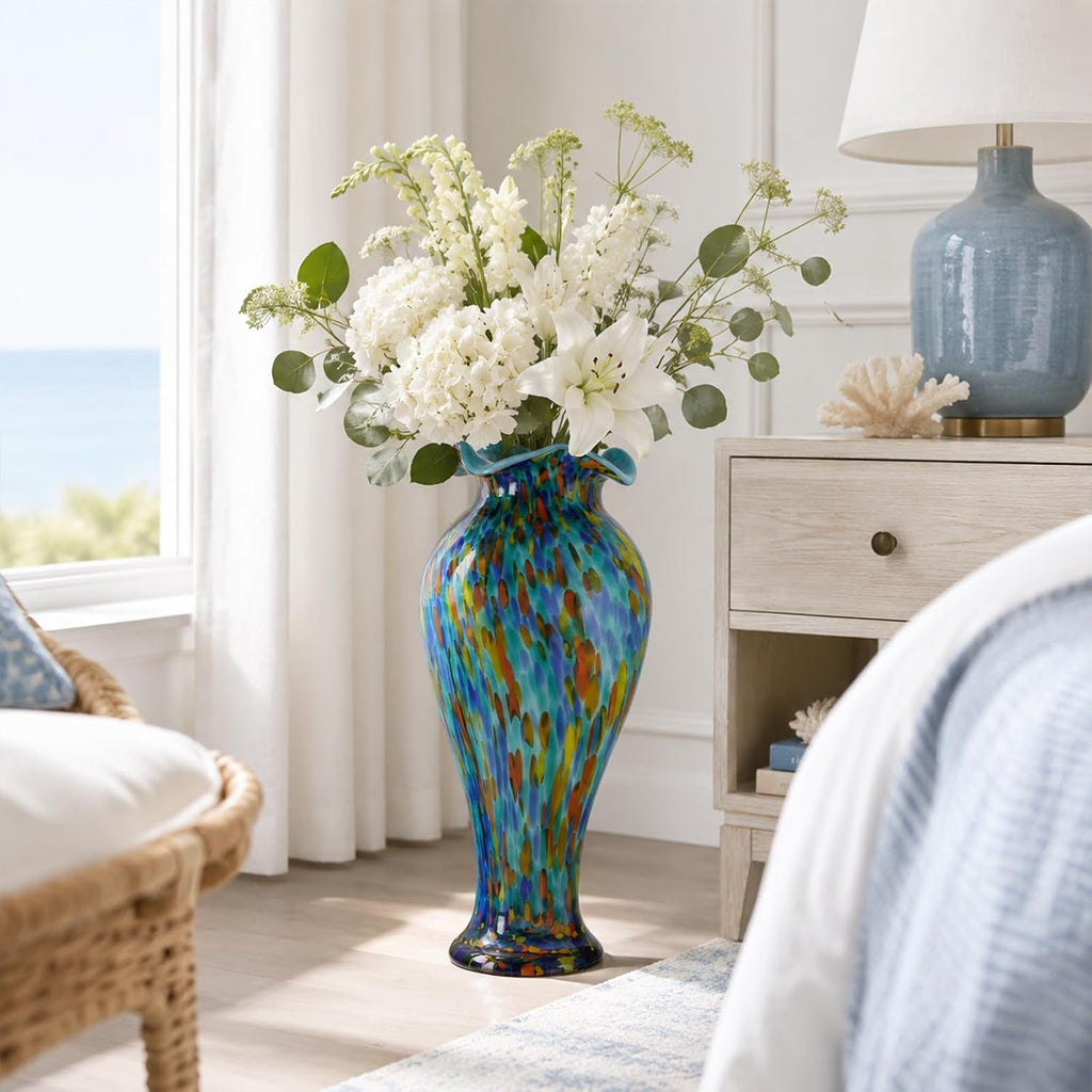 20" Tall Hand Blown Glass Vase - Pretty Ruffle Wide Mouth Decorative Flower Vase, for Modern Home Decor, Ideal
