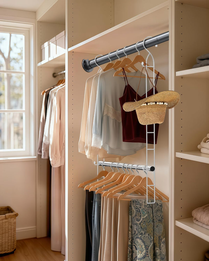 Hanging Closet Rod with Side Hooks, Adjustable Height & Width