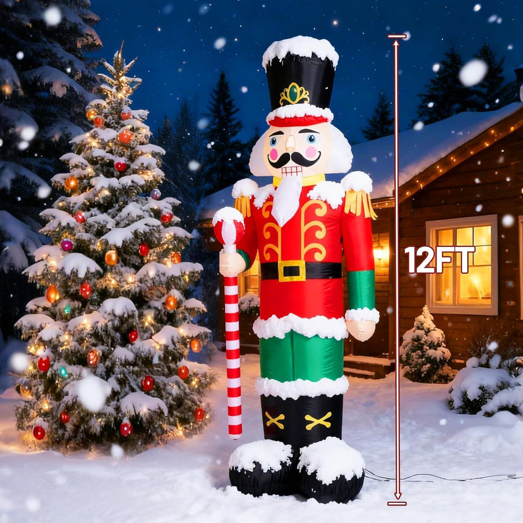12FT Inflatables Nutcracker Soldier, Christmas Outdoor Decorations with Bulit-in LED Lights & Sandbags for Weight