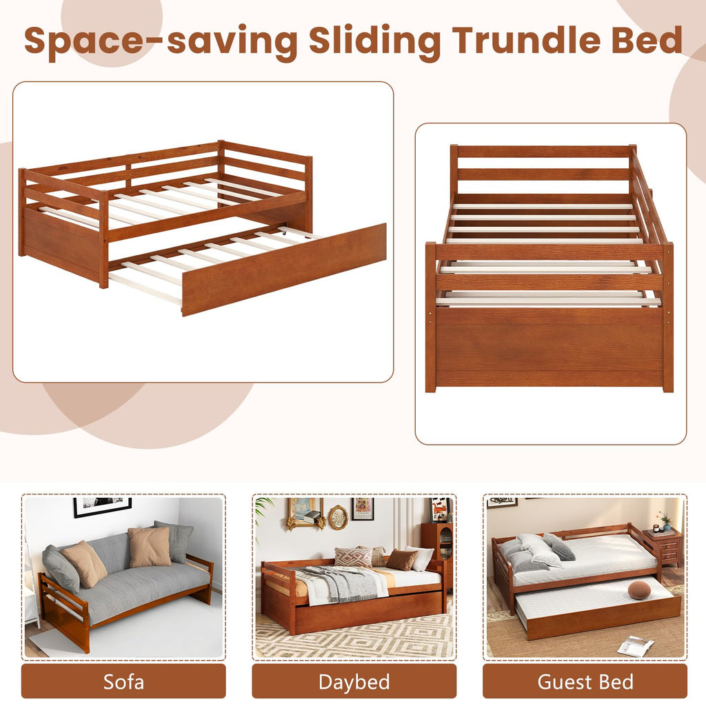 Twin Daybed with Trundle, Wood Trundle Bed with Wood Slat Support, Mid Century Day Bed Frame Guest Room, No Box