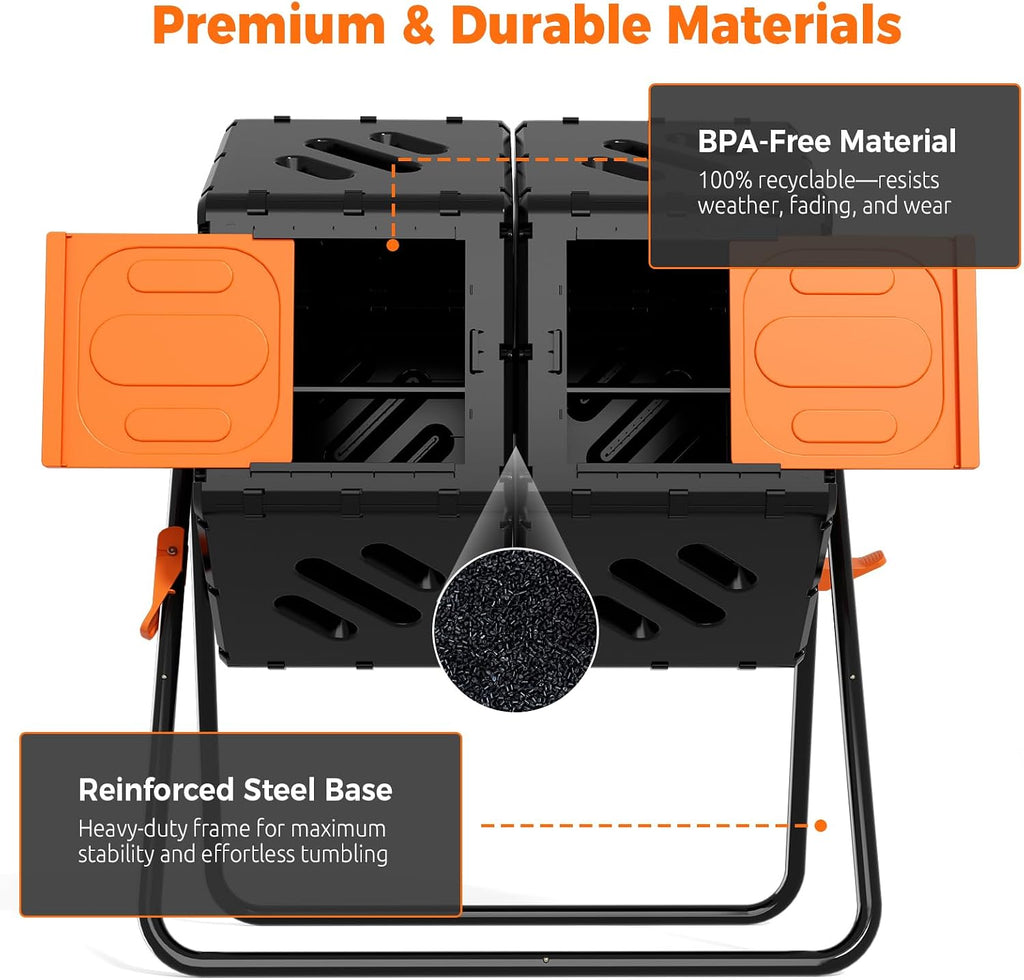 45 Gallon Large Compost Tumbler Outdoor, Dual Chamber Compost Bin | 360° Tumbling, Snap-Together Assembly, Heavy Duty