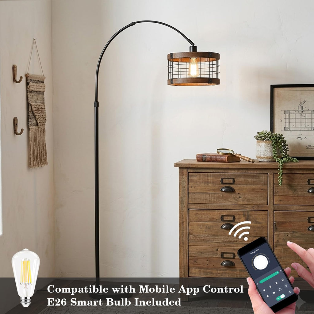 Inspired Arco Style Arc Floor Lamps with Remote and Dimmable LED Bulb, Vintage Wood Floor Lamp, Farmhouse Standing Lamp for Corner