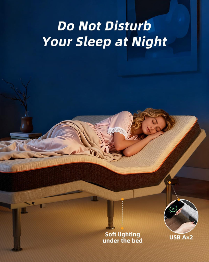 Queen Adjustable Bed Frame with Massage, Wireless Remote, Head Foot Incline, USB, Underbed Light - Heavy Duty