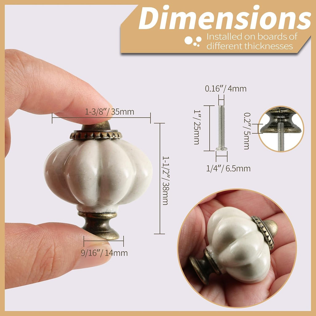 Antique White Pumpkin Knobs 2 Pack Ceramic Cabinet Knobs Vintage Drawer Pulls - Antique Dresser Pulls with Screws