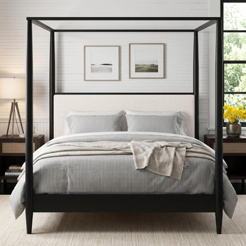 Solid Wood Canopy Bed Frame with Upholstered Headboard
