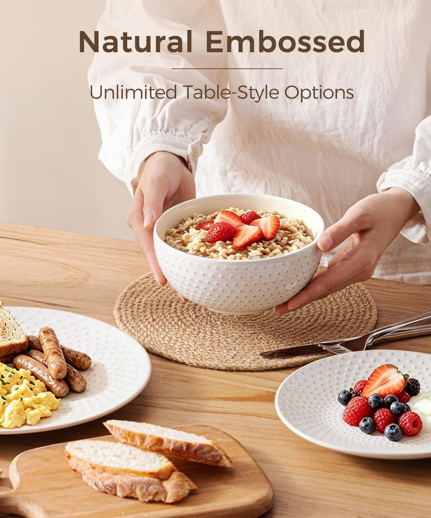 Embossed Ceramic Dinnerware Set for 4, 12-Piece White Plates and Bowls Set, Modern Farmhouse Tableware with 10" & 8"