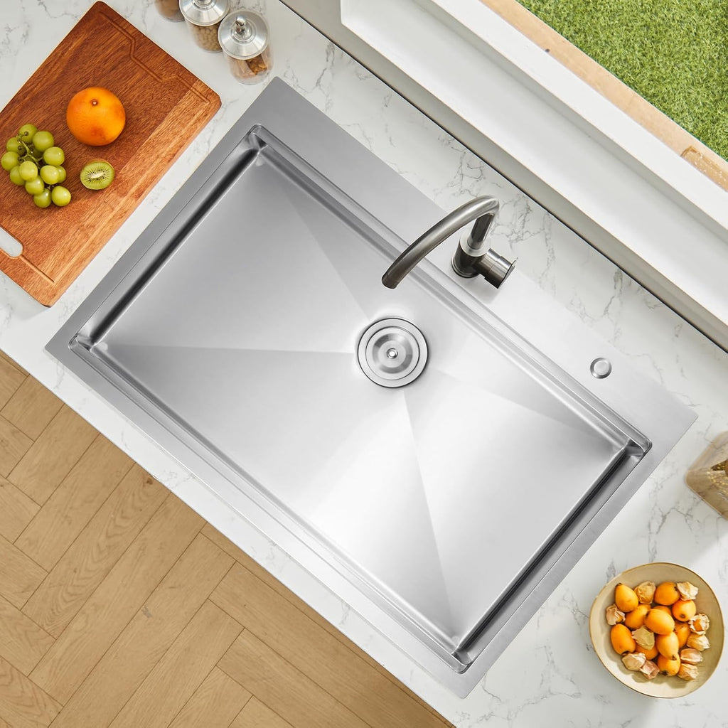 Drop Sink 33 Inch Kitchen Sink Workstation, 304 Stainless Steel Top Mount Sinks, Drop-In Single Bowl with Ledge &