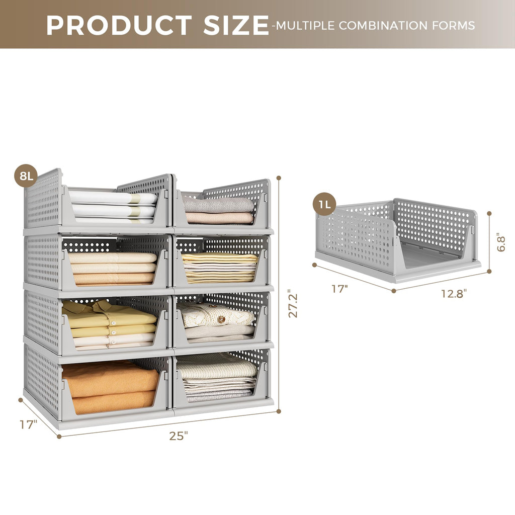 8 Pack Closet Organizer Storage Bins Stackable Plastic Drawer Shelf