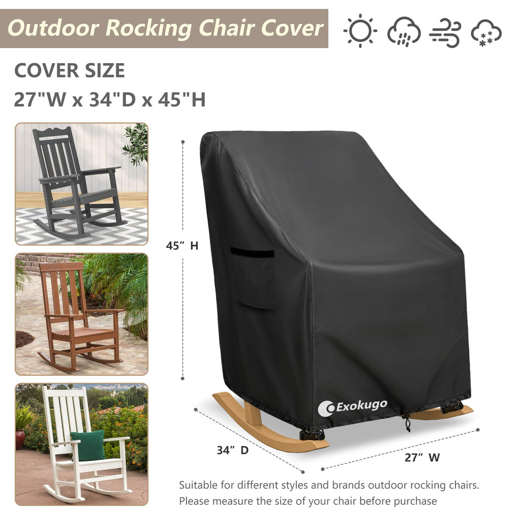 Outdoor Rocking Chair Cover, 600D Heavy Duty Waterproof Patio Chair Cover with 4 Buckle Straps, Air Vents and