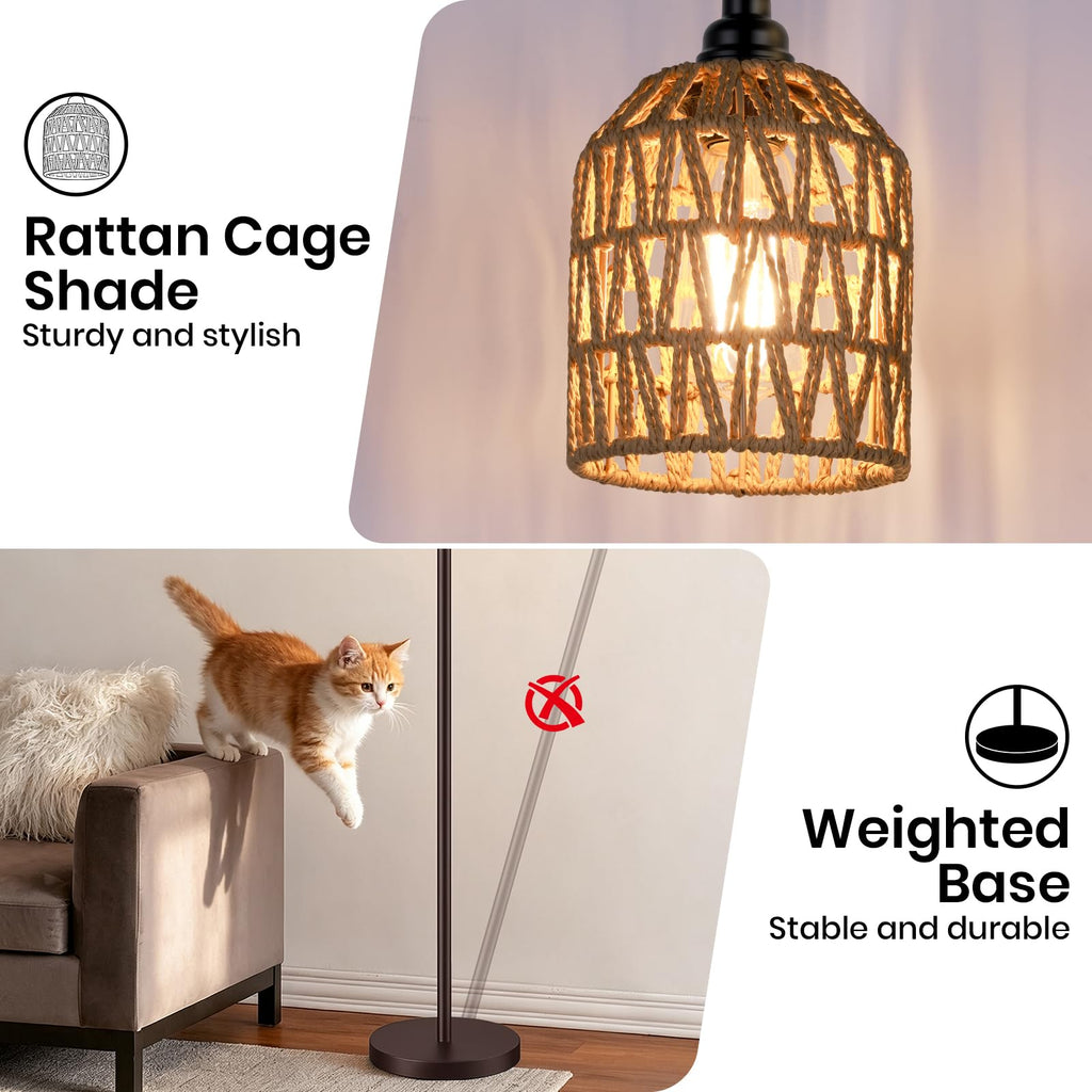 70'' Tall Floor Lamp, 3-Light Rattan Standing Lamp, Brown