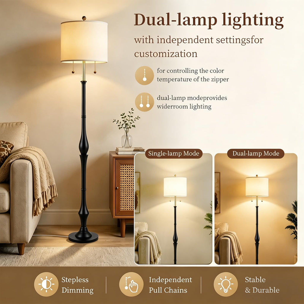 Farmhouse Floor Lamp, Solid Wood Standing Lamp, Linen Shade, Black