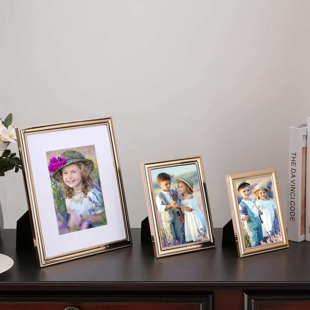 Classic Gold Plated 4x6'' Double Picture Frame, Metal Beaded Design, Real Glass Front and Premium Soft Velvet