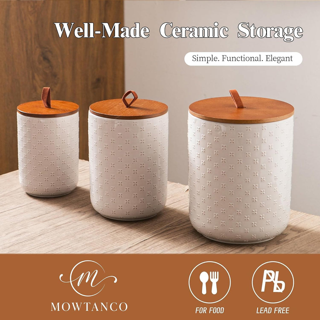 Embossed Ceramic Canister Set with Airtight Bamboo Lid - Set of 3