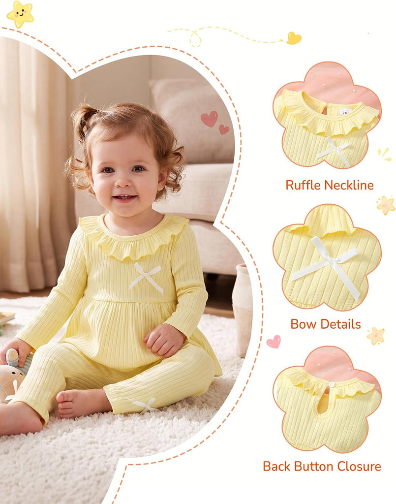 2 Piece Baby Girl Clothes Set Infant Ribbed Ruffle Top Bow Pants