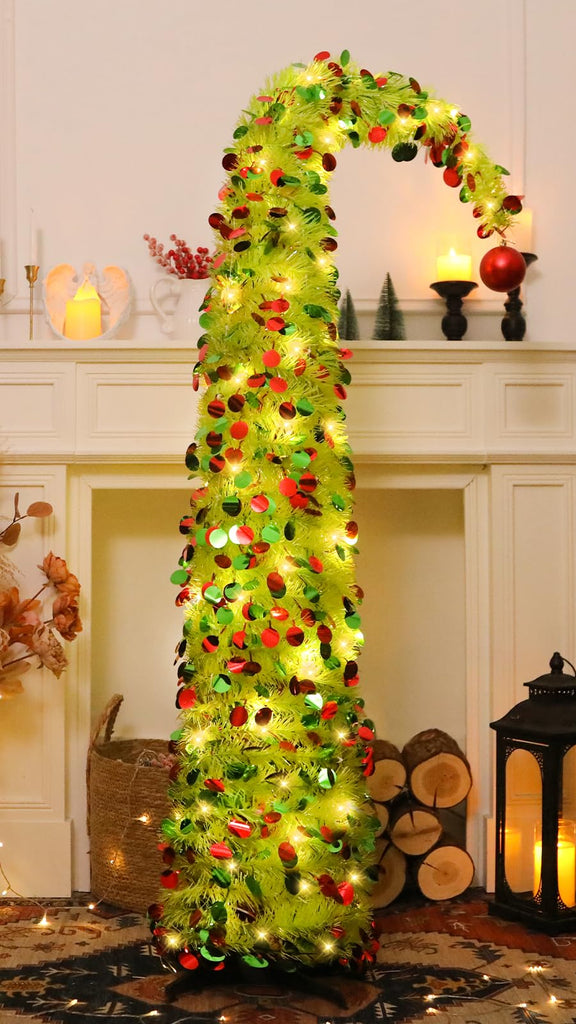 5 FT Whimsical Pop Up with Timer Lights, Lime Green Christmas Tinsel Tree Collapsible Artificial Curved Pencil Tree
