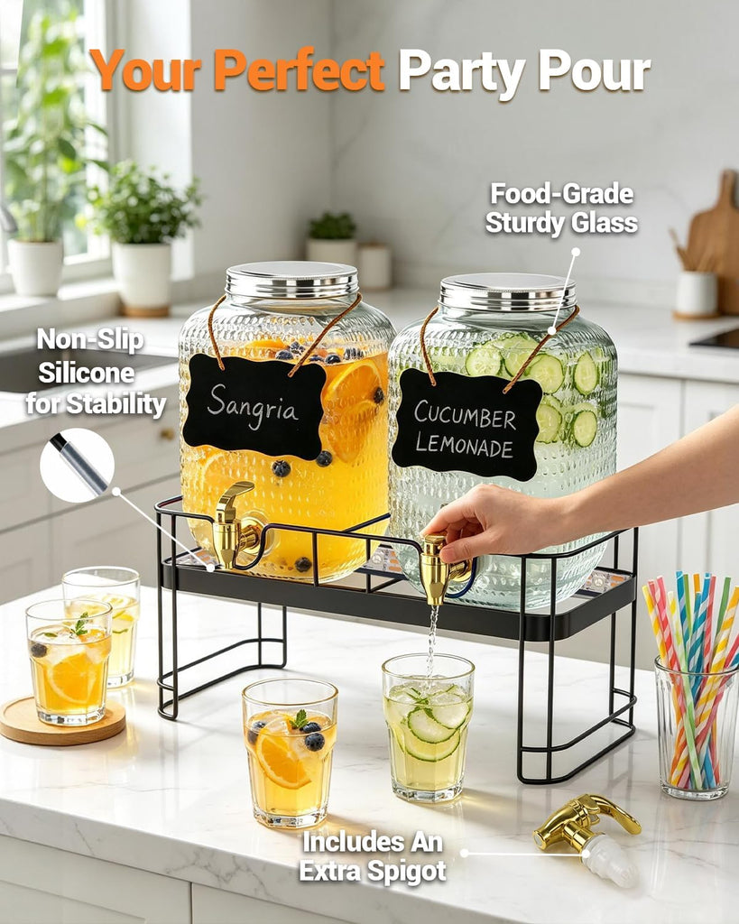 Drink Dispensers for Parties, 2 Pack 1 Gallon Glass Jars with LED Stand - Set of 2