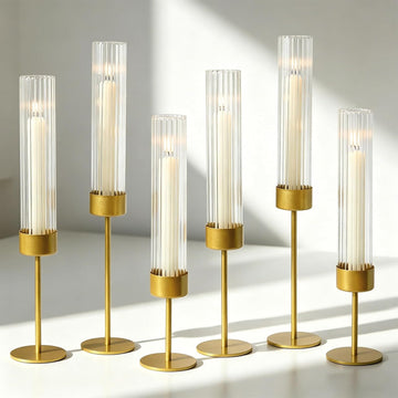 Gold Glass Hurricane Taper Candle Holders Bulk Set of Tall Ribbed Glass Cylinder Candlestick Holders for Wedding
