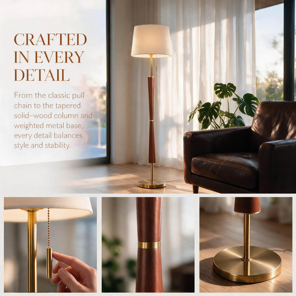 62" Mid Century Modern Floor Lamp, 3 Brightness Levels, Solid Wood