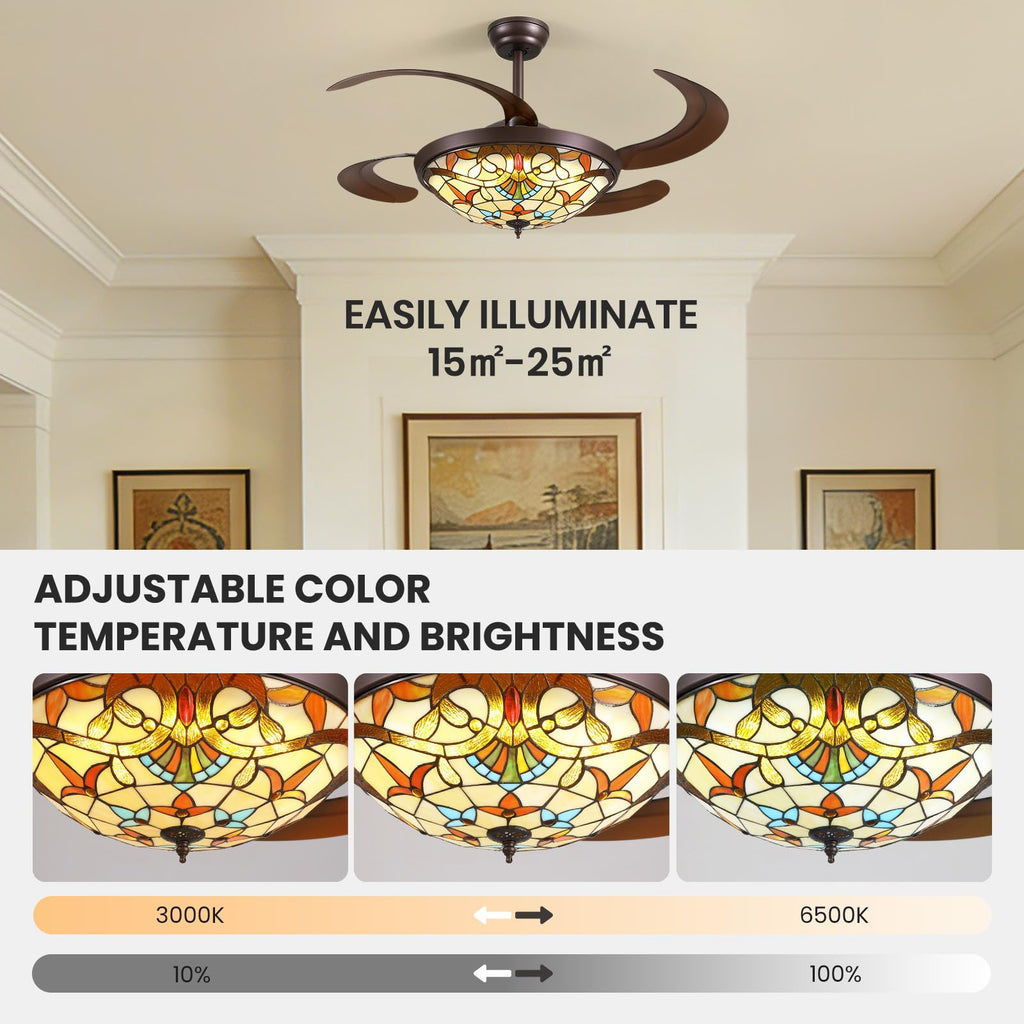48inch Retractable Ceiling Fan Tiffany Style Chandelier Light Fixtures Ceiling with Remote & Dimmable, 6-Speed